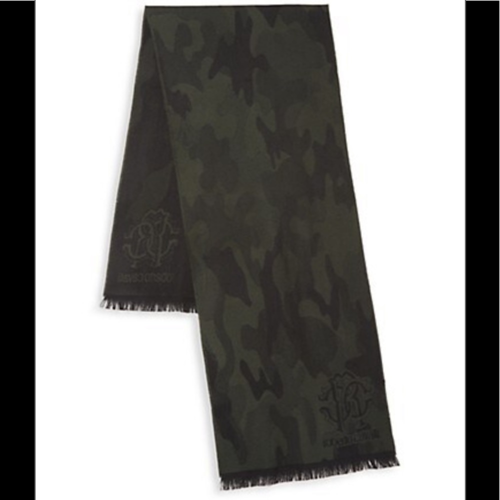New Roberto Cavalli Dark Olive Wool Blend Scarf